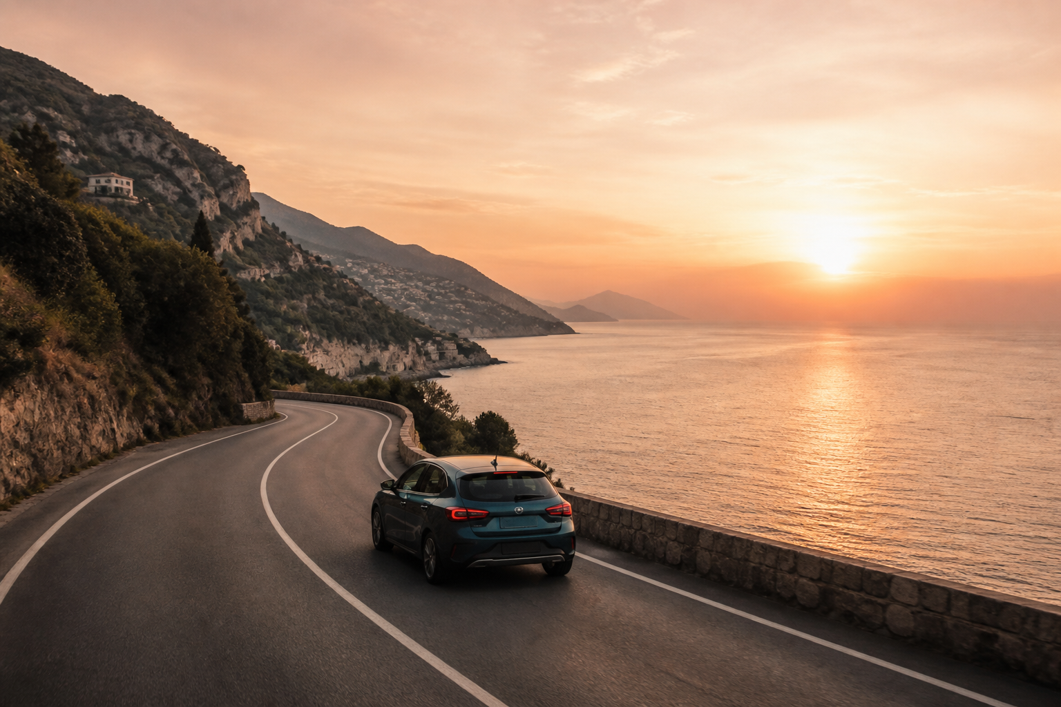 Un'auto percorre una strada panoramica tra le colline e il mare della costa italiana, nella luce calda dell'alba.